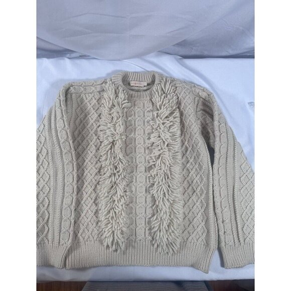 Tory Burch Cable Knit Wool Fringe Pull Over Sweater Ivory Large - Picture 1 of 7